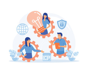 Outsourcing company with tree people in gears. Idea of teamwork and project delegation. Company development and business strategy and planning. flat vector modern illustration