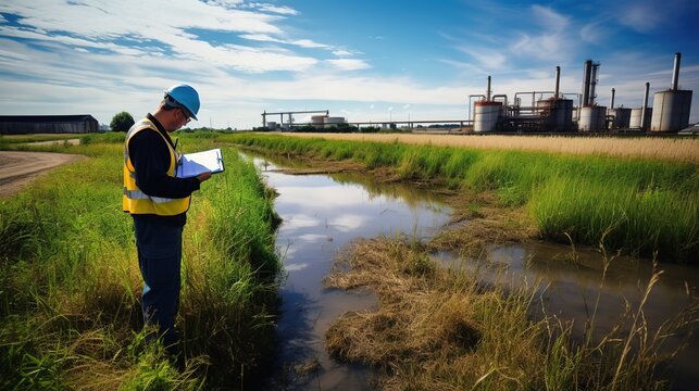 Natural Water Sources maybe Contaminated by Toxic Waste or Suspicious Pollution Sites. The Environmental Engineers Inspect Water Quality and Take Water Samples Notes in The Field Near Farmland.