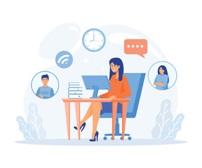 Home office concept, woman works from home with laptop and connect with another worker online, remote work, flat vector modern illustration