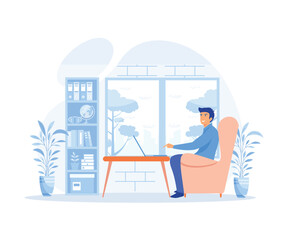 Home office concept, A freelancer man works behind a laptop, work from home, flat vector modern illustration  