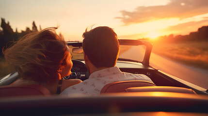 Happy young couple driving into the sunset on a country road in a classic vintage sports car.