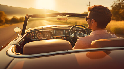 Happy young couple driving into the sunset on a country road in a classic vintage sports car.