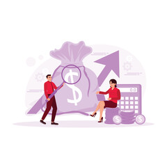 Businessmen and women examine money bags with upward arrows using magnifying glass. Active Income concept. Trend Modern vector flat illustration