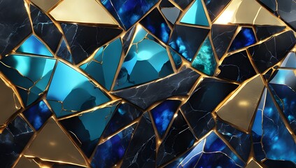 Dark Marble Texture Hints of Blue and Gold Lightning Broken Glass Texture, AI Generated