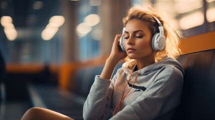 Young woman with earphones listening to music after workout in fitness. - obrazy, fototapety, plakaty