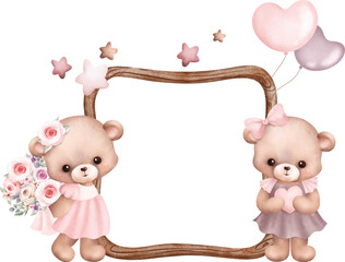 Watercolor illustration cute baby bears and wooden frame