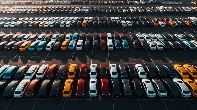 Aerial view of the parked new cars at the automotive plant