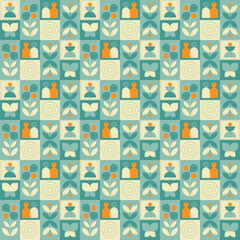 Abstract geometric seamless pattern. Mosaic design with the simple shape of flowers and leaves in green beige and orange on square block backgrounds. Neo geometric. Vector Illustration.