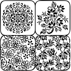 Set of floral pattern designs in black and white, vector illustration of flowers