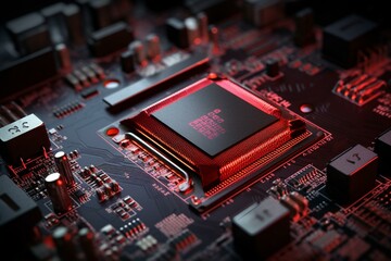 Fototapeta na wymiar Macro view of a computer circuit board with processor, memory, graphics, distinctive red LED illumination. Generative AI