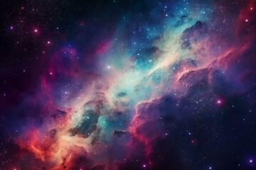 Cosmic scene with vibrant nebula and starry background. NASA provided elements. Created using 3D rendering. Generative AI