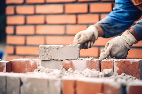  bricklayer worker installing brick masonry on exterior wall with trowel putty knife 