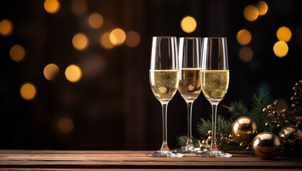 Glasses of champagne to welcome the new year, in a festive atmosphere. New Year time. AI generated