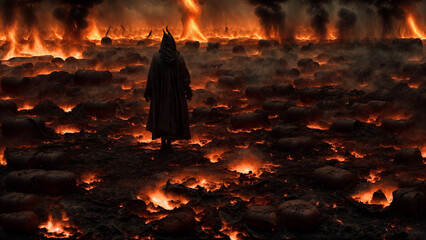 Demon in hell walking amongst the burning coals and embers. - obrazy, fototapety, plakaty