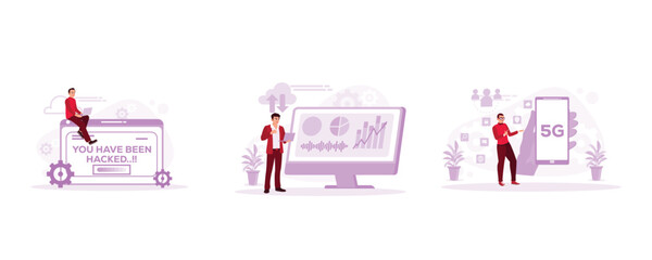 You have been hacked. Holding a laptop accesses data to the computer. 5G network wireless system. Could Computing concept. Set Trend Modern vector flat illustration