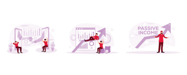 Obraz premium Transfer money via smartphone. Increased income. Passive income writing in the cloud. Passive Income concept. Set Trend Modern vector flat illustration