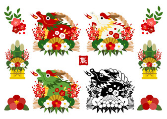 2024年、辰年、和風、イラスト、セット、正月、イラスト、年賀状、かわいい、しめ飾り、しめ縄、門松
