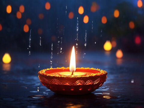 diwali diya with rain