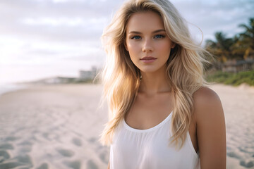 A portrait of a young, beautiful, blond-haired woman on the white beach.