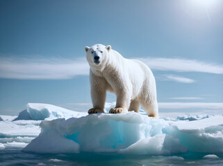 A polar bear stands atop a melting iceberg. Climate change.  - obrazy, fototapety, plakaty