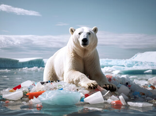 polar bear stands on a melting iceberg, among the plastic waste.
