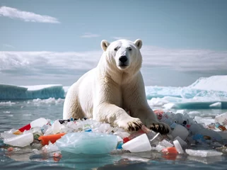 Fotobehang polar bear stands on a melting iceberg, among the plastic waste. © Alan