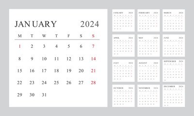 Wall calendar in a minimalist style. Monthly calendar template for 2024 year