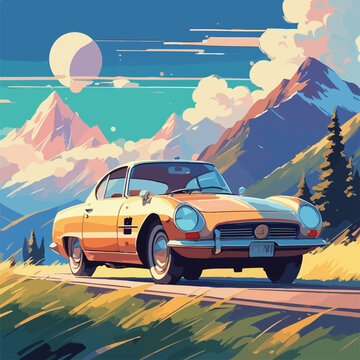 stylish retro car on the background of mountains trending pixiv fanbox-