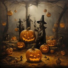 Halloween party with pumpkins in oil painted