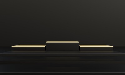 podium, black and gold square, black background, suitable for award presentation, 3d illustration