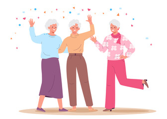Three elderly women laugh and hug. Happy mature friends. Elderly girlfriends relaxing together enjoying happy old age, Adult persons meeting.