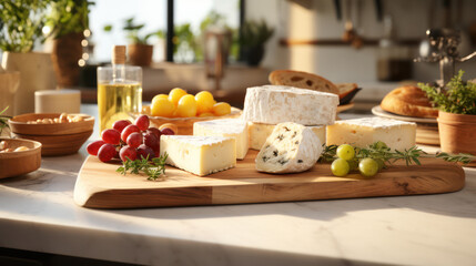 Fototapeta na wymiar Assortment of Cheeses on Wooden Board with Kitchen Background, Dairy Products, Cheese Platter. Generative AI