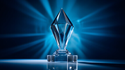 Crystal Transparent Trophy On Blue Gleaming Background, Generated AI