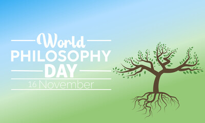 World Philosophy Day Vector Banner with Thinker and Philosophical Symbols. Vector template for background, banner, card, poster design.