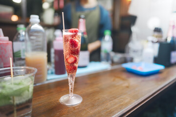Closeup strawberry sparkling wine popular menu Japan Tokyo city Nakameguro sakura matsuri