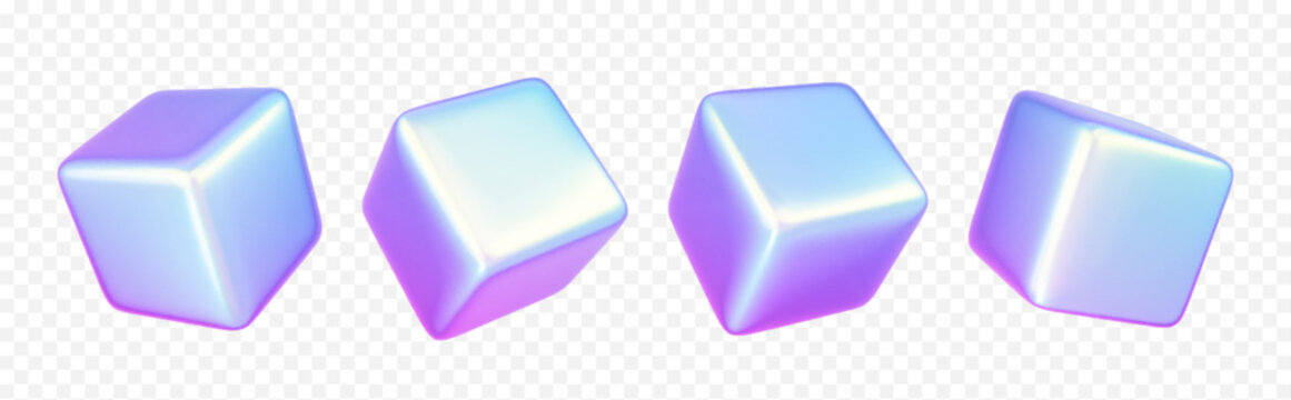 3d holographic cube shape abstract vector graphic isolated on transparent background. Gradient geometric square figure render icon design in pink and blue hologram effect. Creative futuristic polygon