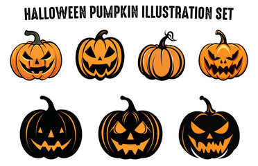 Scary pumpkin vector art Set, Halloween pumpkin flat illustration Bundle, Spooky creepy pumpkin Clipart Collection