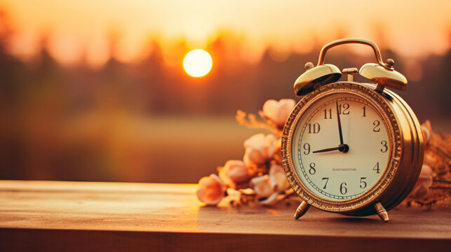 An Old Clock and Flowers on the Wooden Desk Background, Romantic Sunset Vibes, Copy Space. Generative AI
