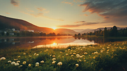 Beautiful Flowers Field with Sunset Landscape, Nature Background. Generative AI