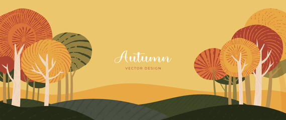 Autumn and country landscape background. Seasonal illustration vector of trees, mountain, cloud with watercolor, brush texture. Design for for promotion, advertising, banner, card.
