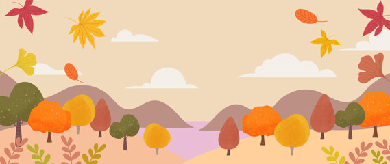 Obraz na płótnie Canvas Autumn and country landscape background. Seasonal illustration vector of mountain, grass, tree, cloud, maple leaf with watercolor, brush texture. Design for for promotion, advertising, banner, card.