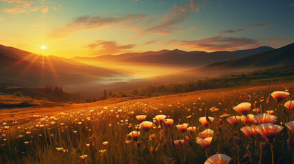 Beautiful Flowers Field with Sunset Landscape, Nature Background. Generative AI