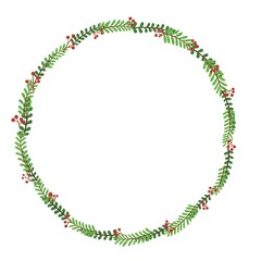Green fern leaves with wild berry wreath watercolor illustration for decoration on Christmas holiday event.