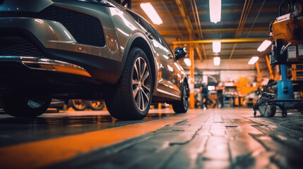 An auto repair shop garage as car mechanics work their magic on a vehicle - Powered by Adobe