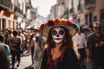 Woman dressed as mexican catrina in a crowded street