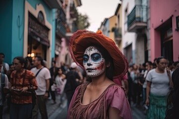 Fototapeta na wymiar Woman dressed as mexican catrina in a crowded street