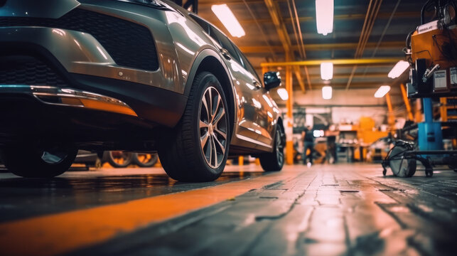 An auto repair shop garage as car mechanics work their magic on a vehicle