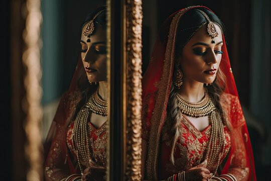 Hindu bride next to a mirror