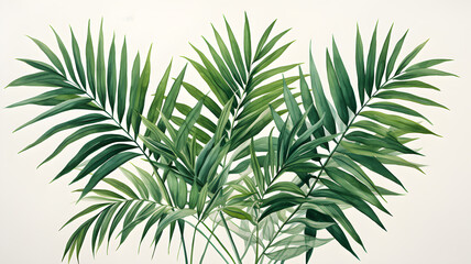 Fototapeta na wymiar Green Parlor Palm leaves in a watercolor illustration, nature background of tropical foliage