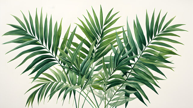 Green Parlor Palm leaves in a watercolor illustration, nature background of tropical foliage